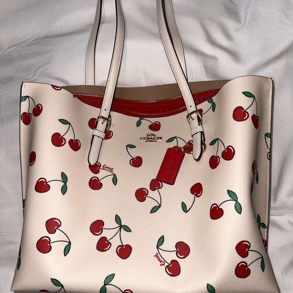 Coach White Cherry Print Tote Bag